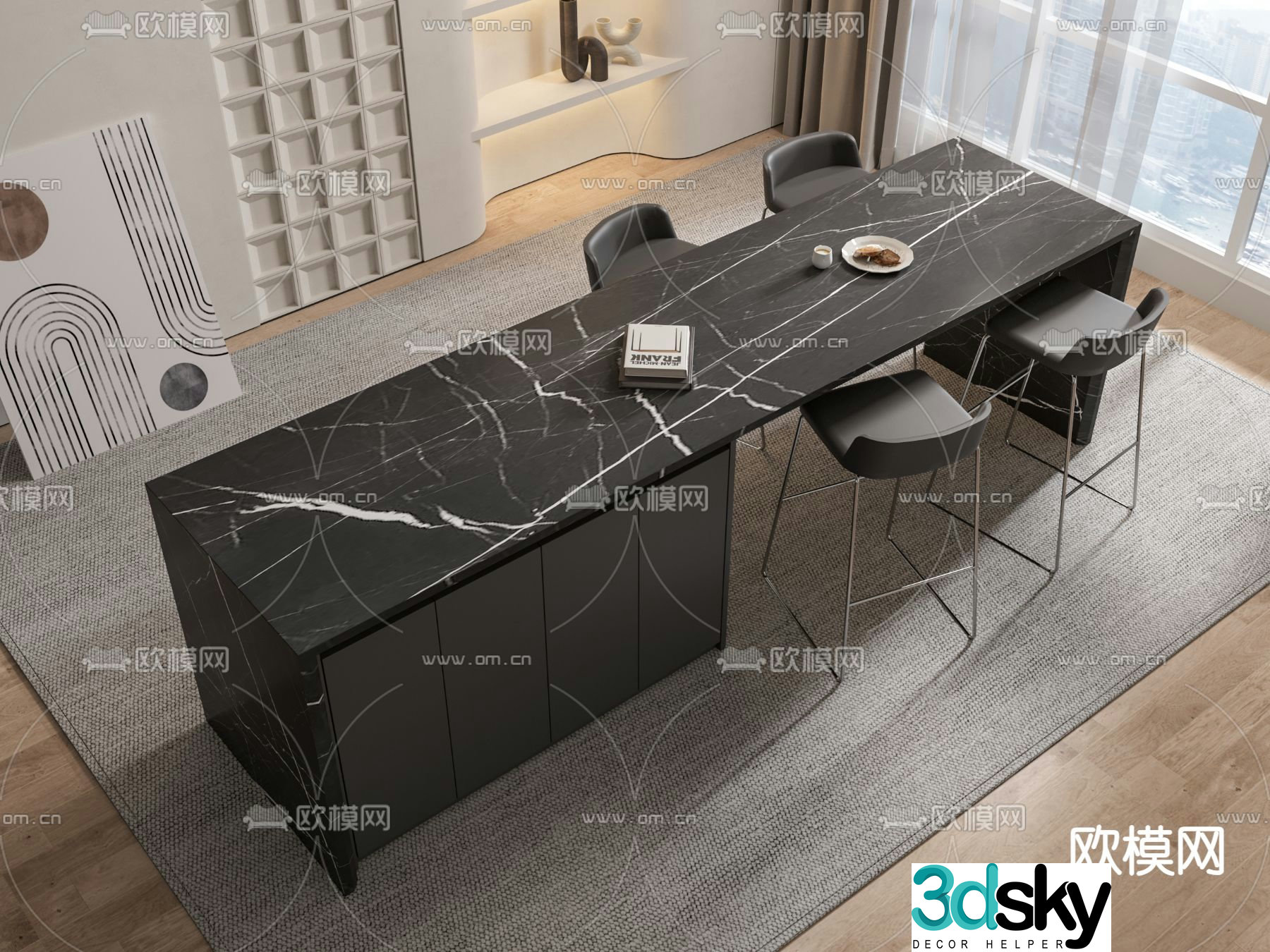 Island table marble dining table and chairs 3d model