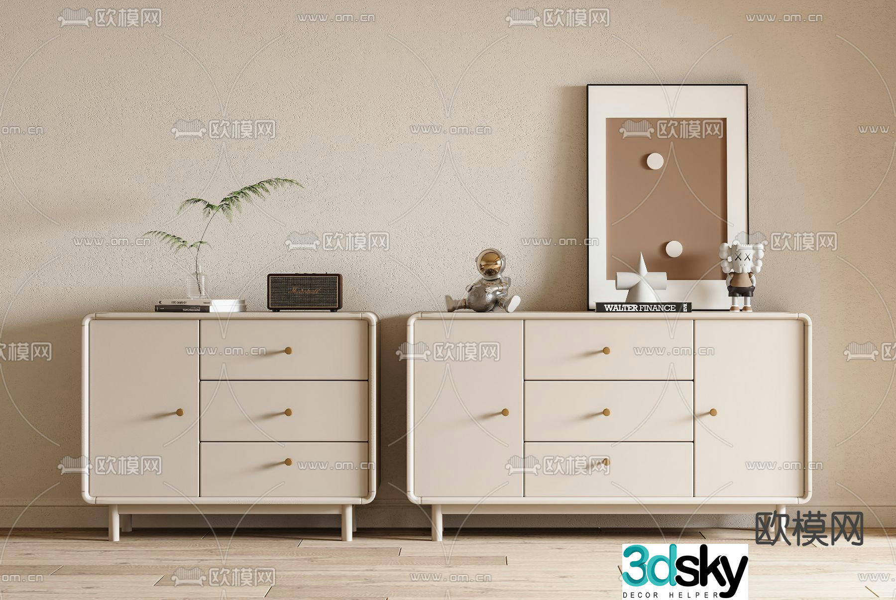 Cream style chest of drawers side cabinet 3d model