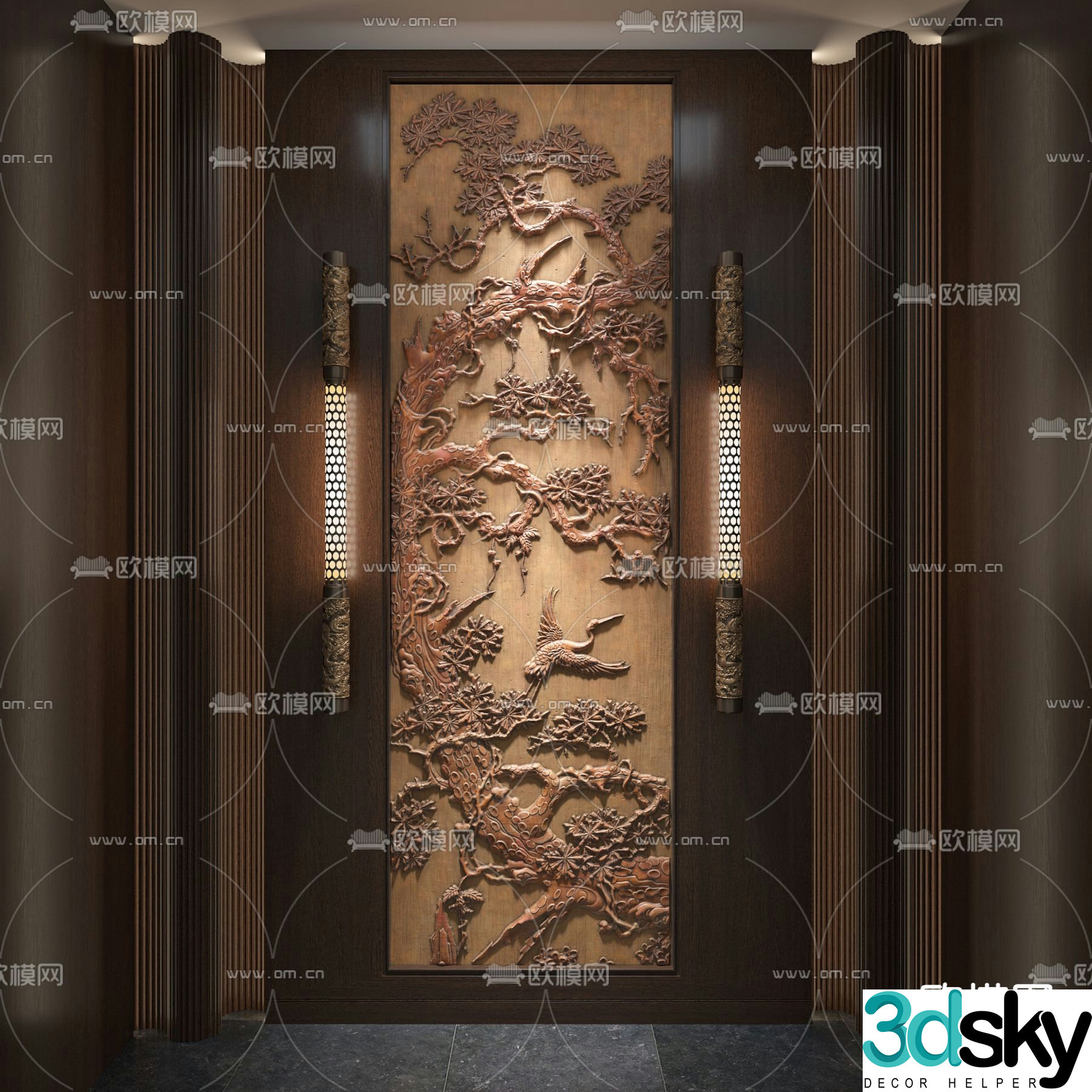 Welcome pine wood carving 3D model of the entrance relief