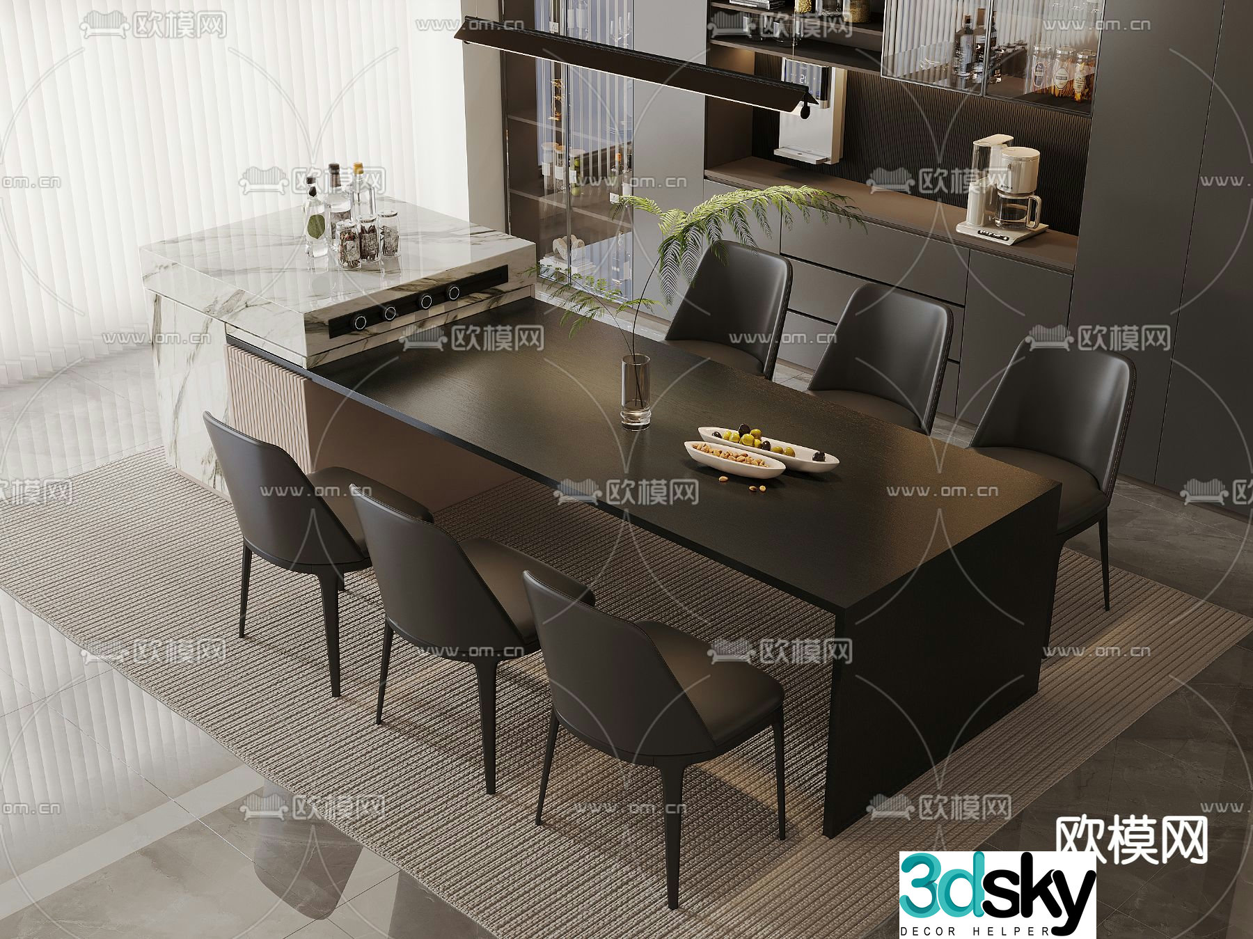 Island dining table and chairs 3d model