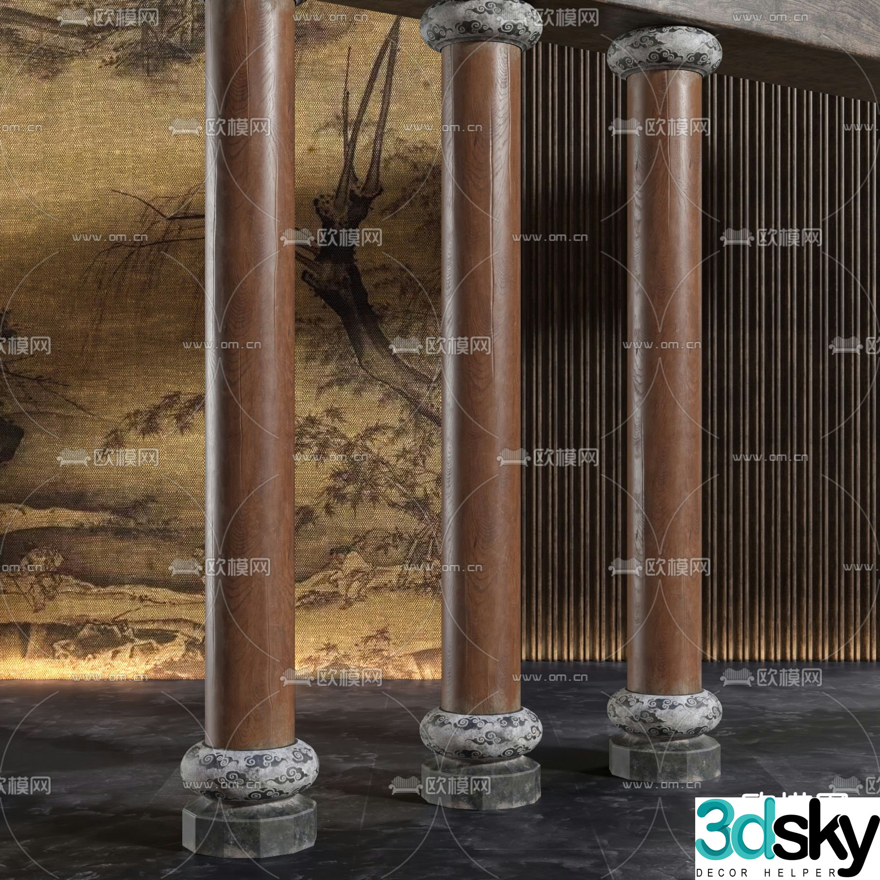 Chinese column cylinder carved stone column 3D model