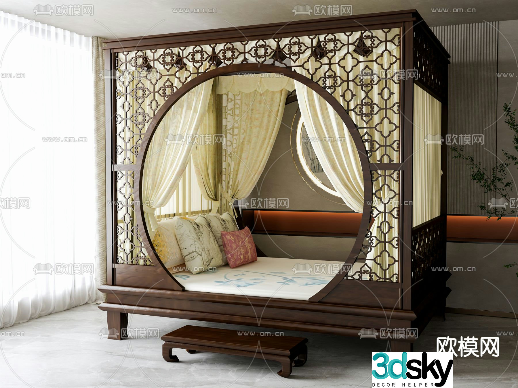 Chinese double bed 3d model