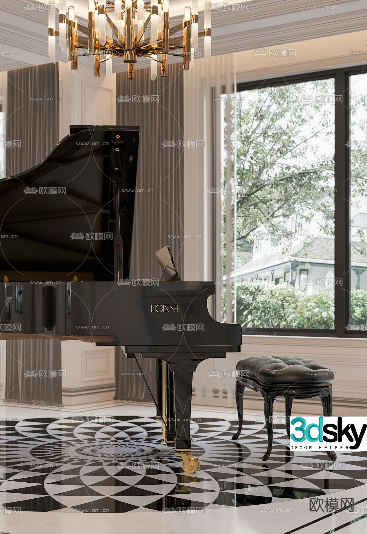 American piano room piano 3d model