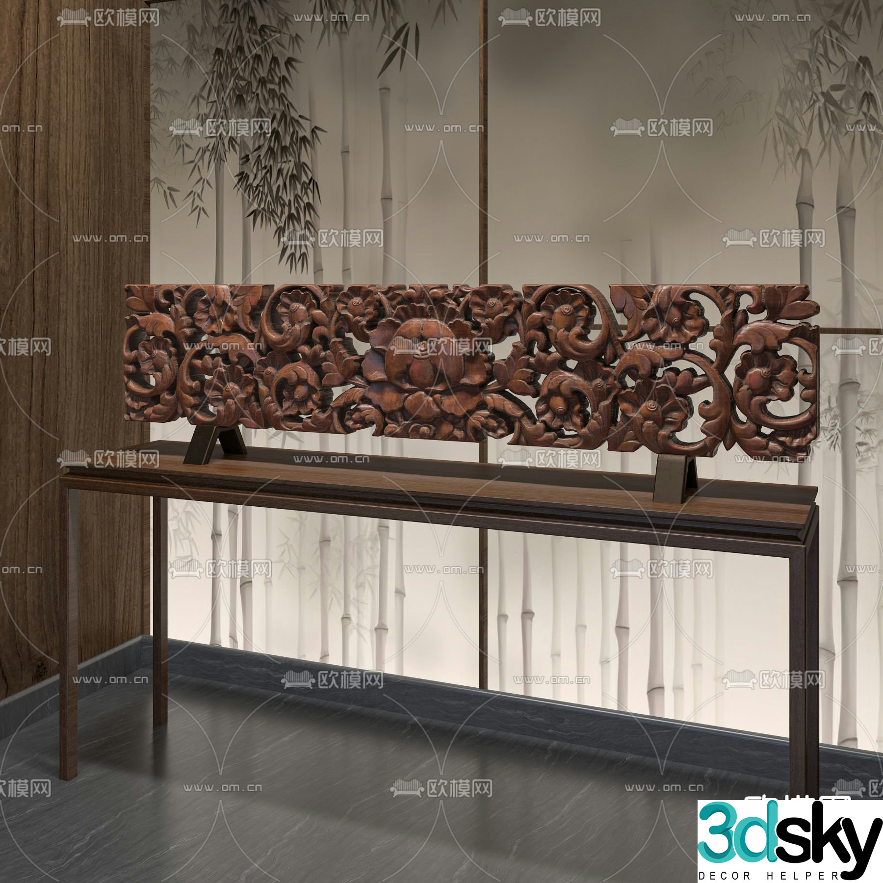 New Chinese style wood carving carved ornaments 3D model