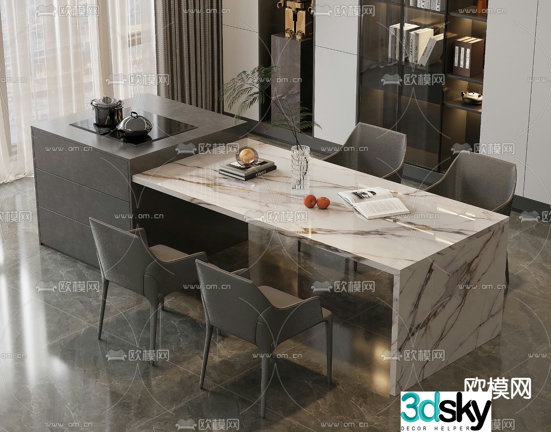Island dining table and chairs 3d model