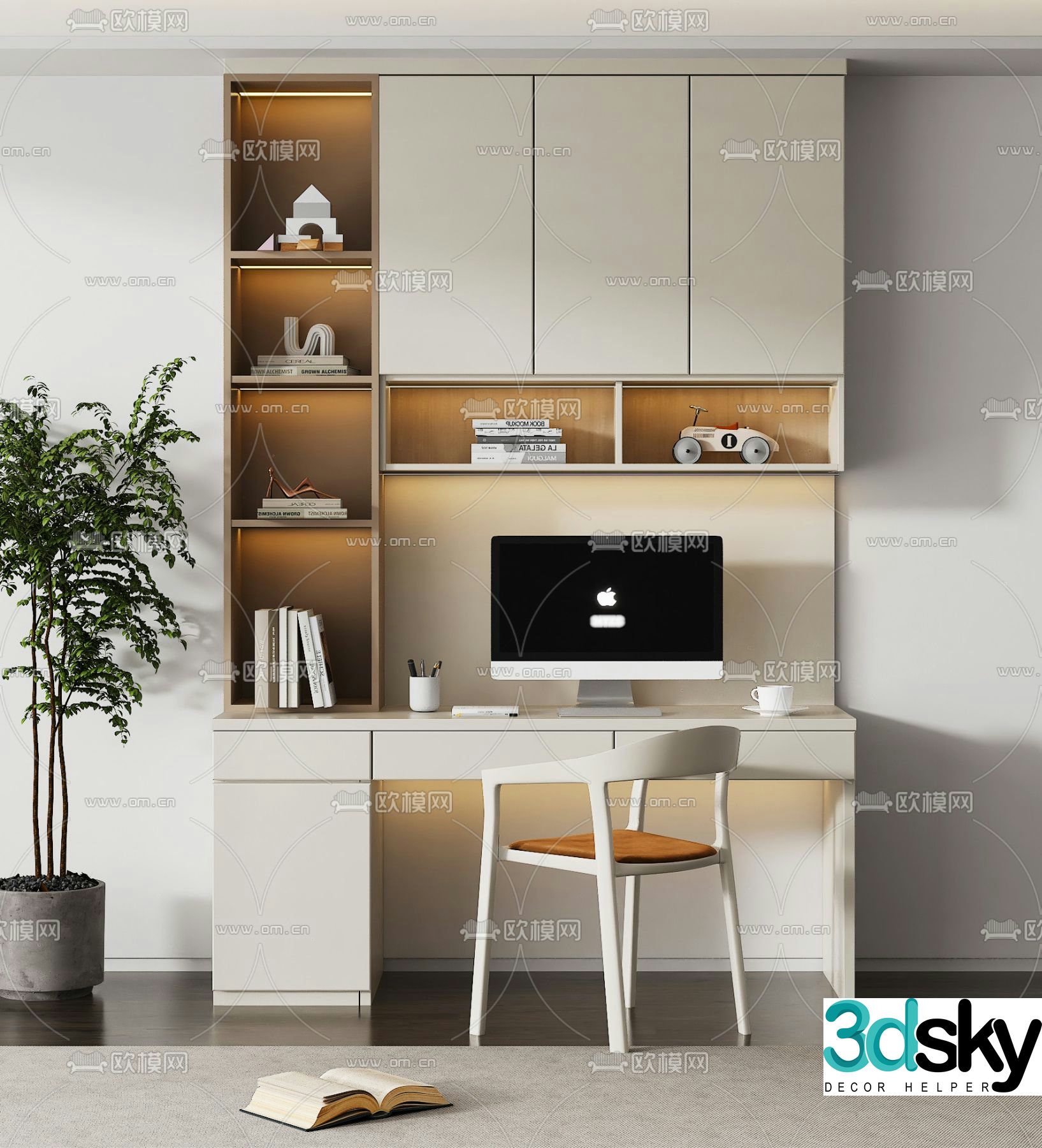 Cream style desk bookcase 3d model
