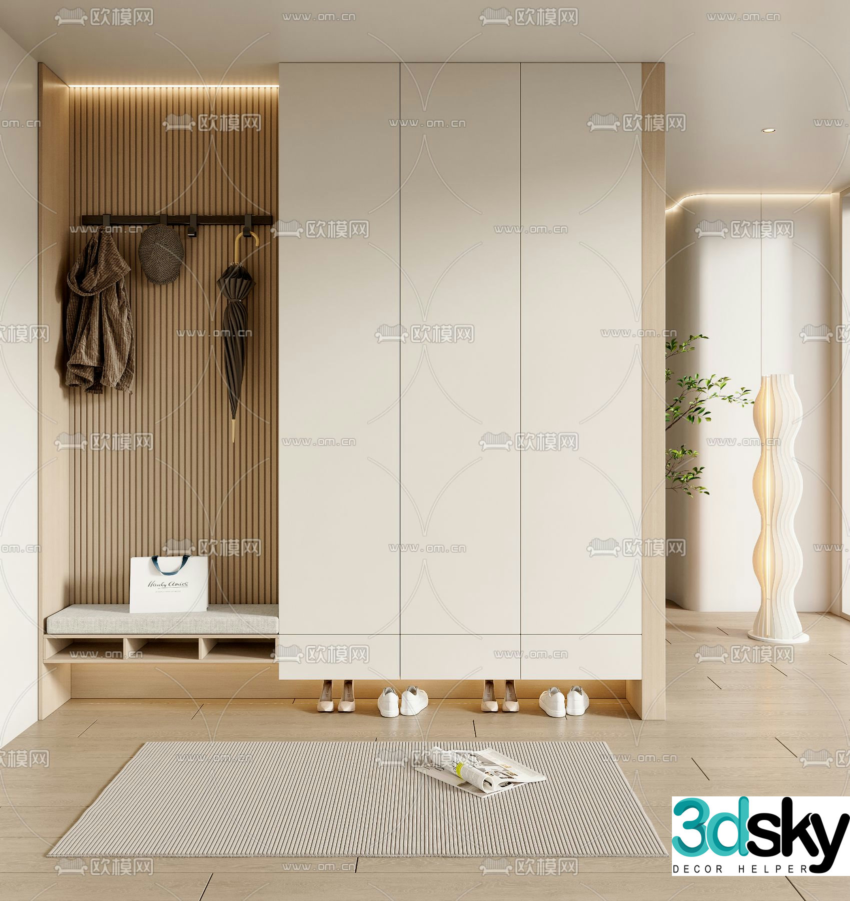 Entrance shoe cabinet and shoe changing stool 3D model