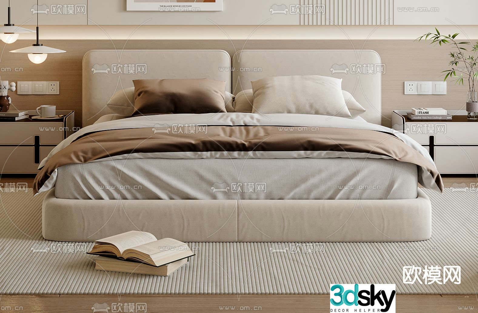 Cream style double bed 3d model