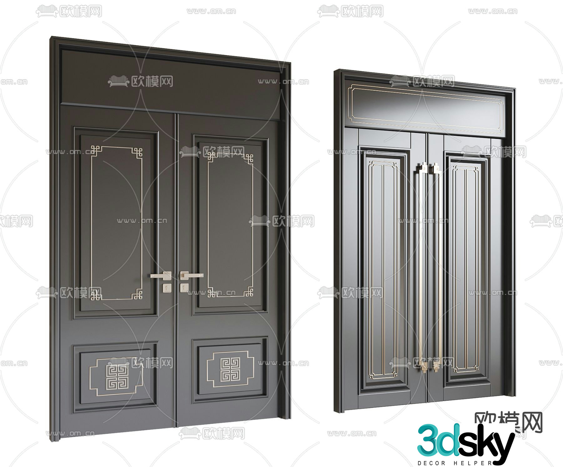 New Chinese style entrance door security door double door through top door 3D model