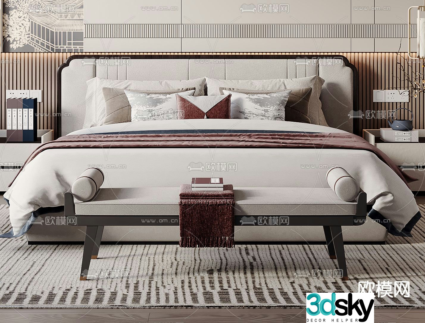 New Chinese style double bed 3d model