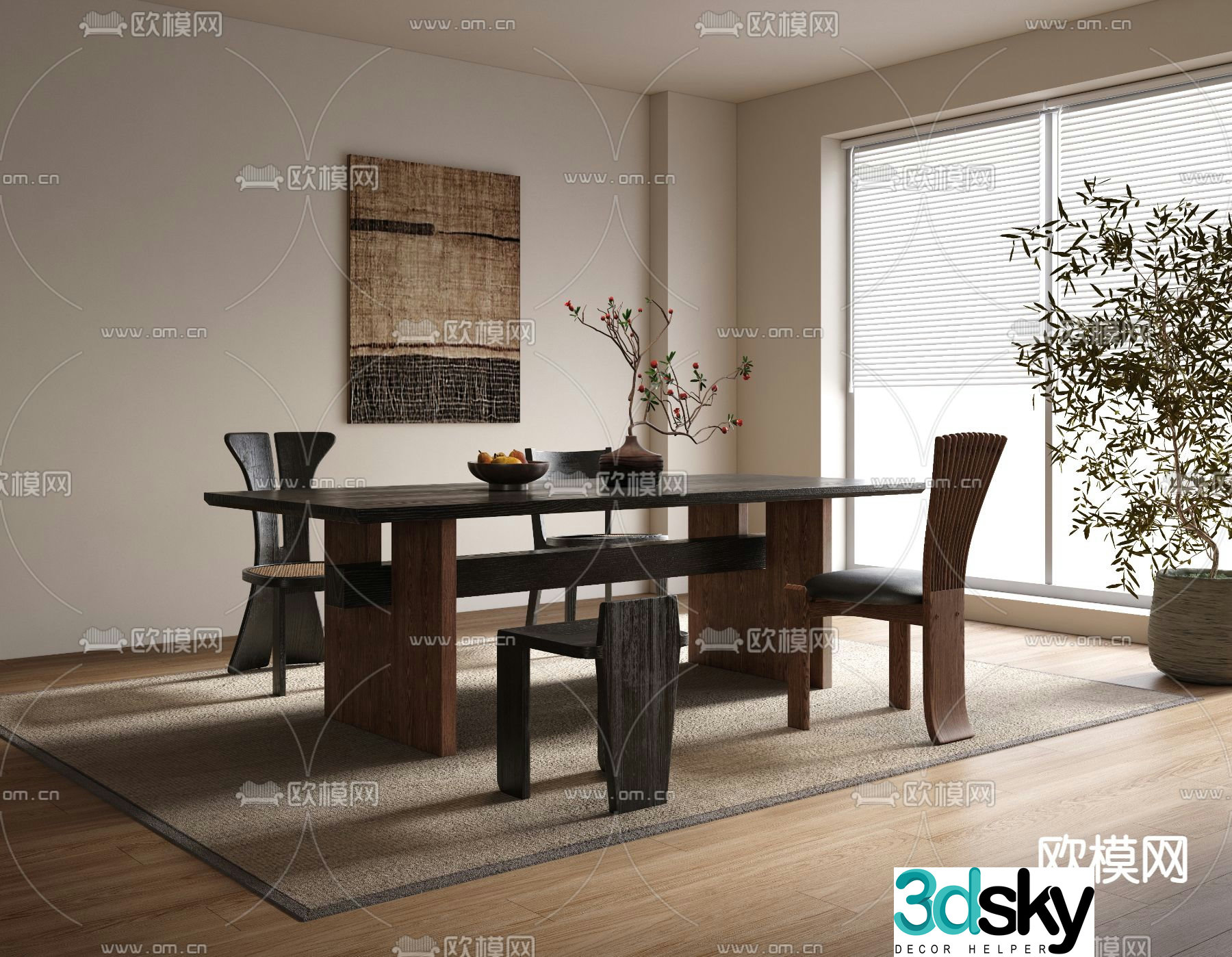Wabi-sabi dining table and chairs strip dining table 3d model