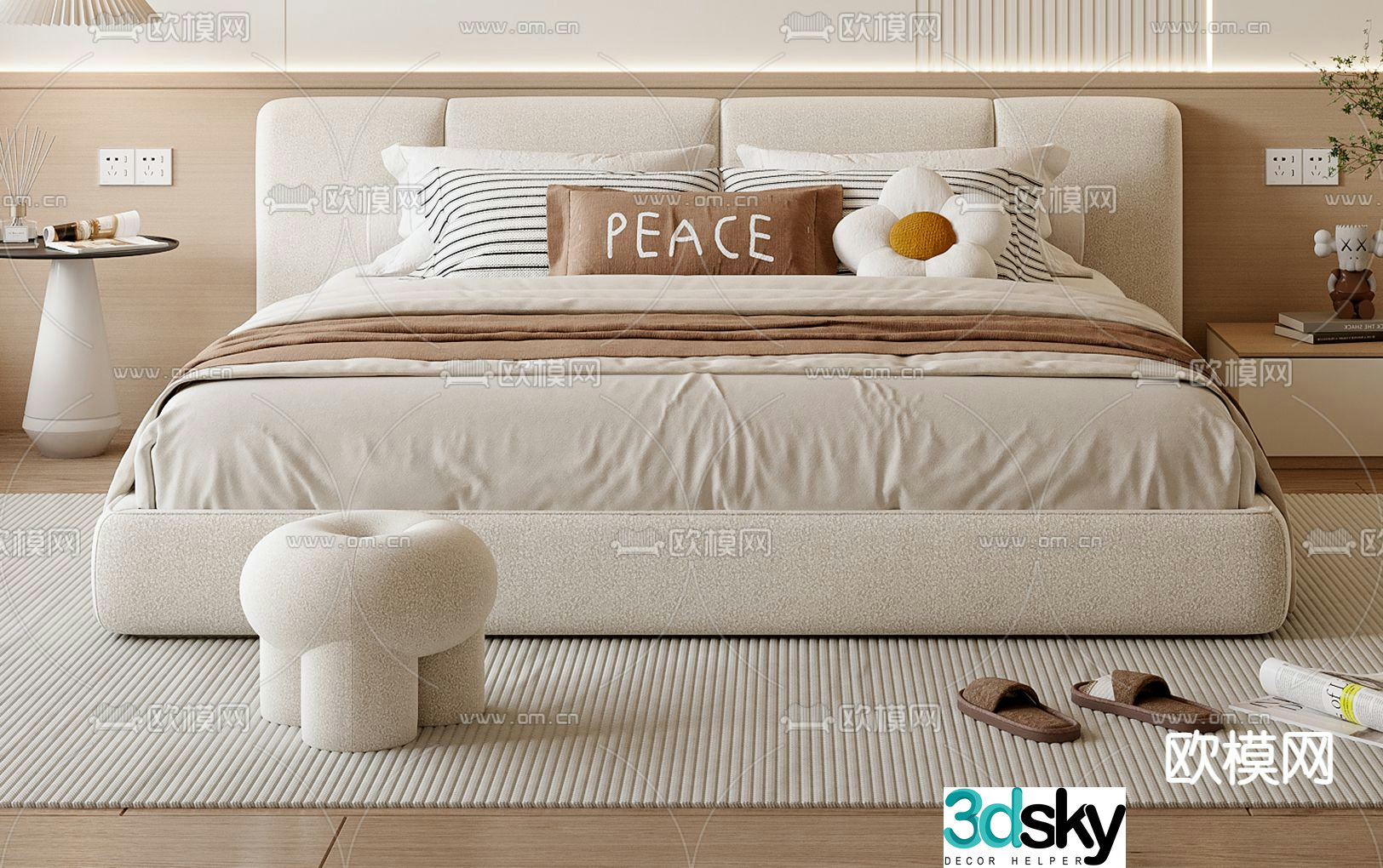 Cream style double bed 3d model