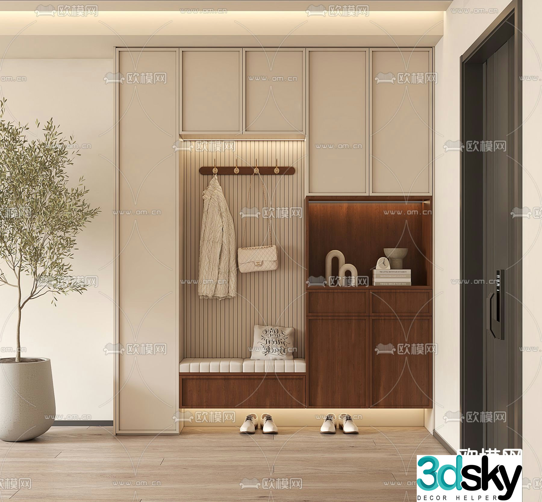 Entrance shoe cabinet and shoe changing stool 3D model
