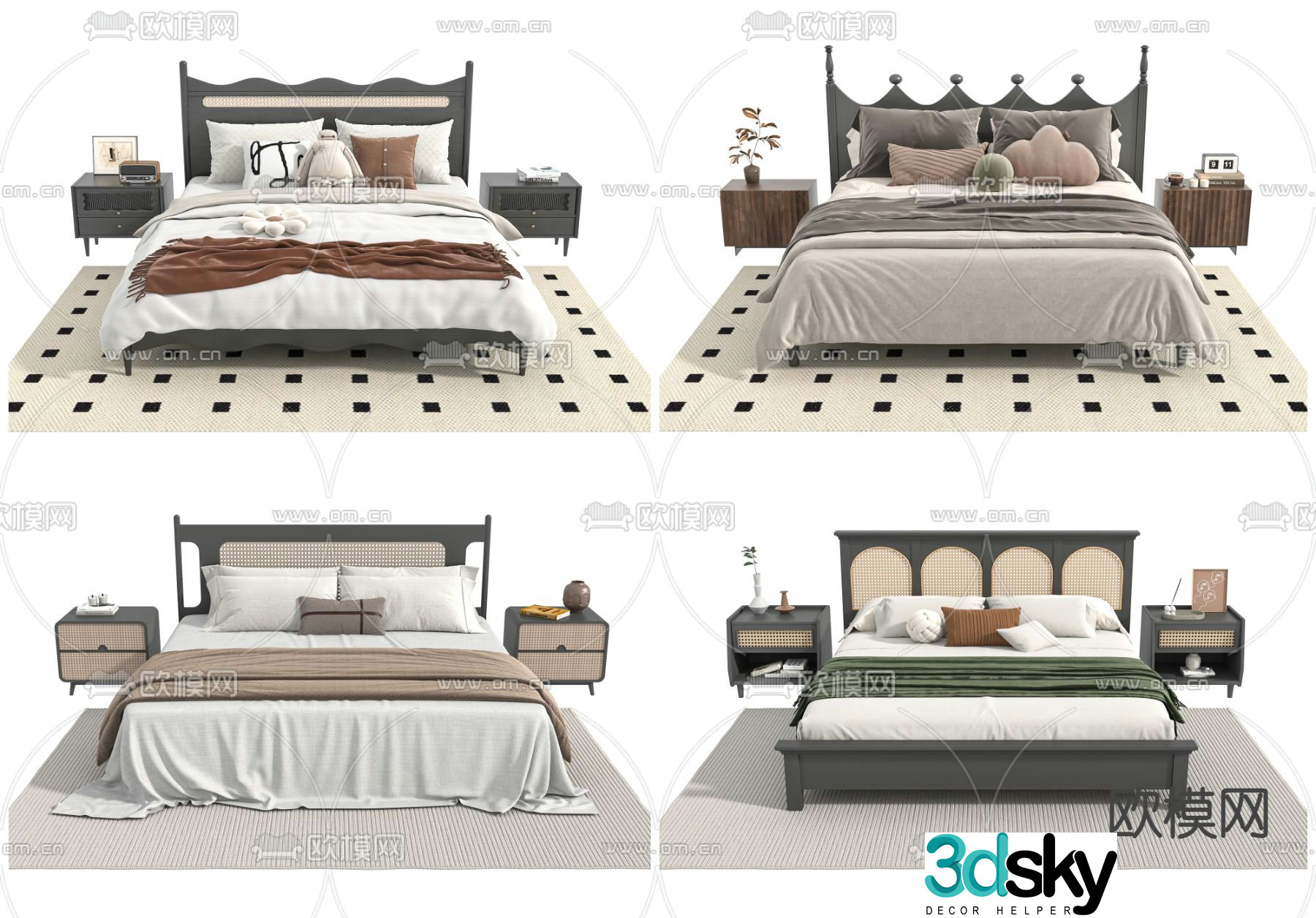 French double bed 3d model