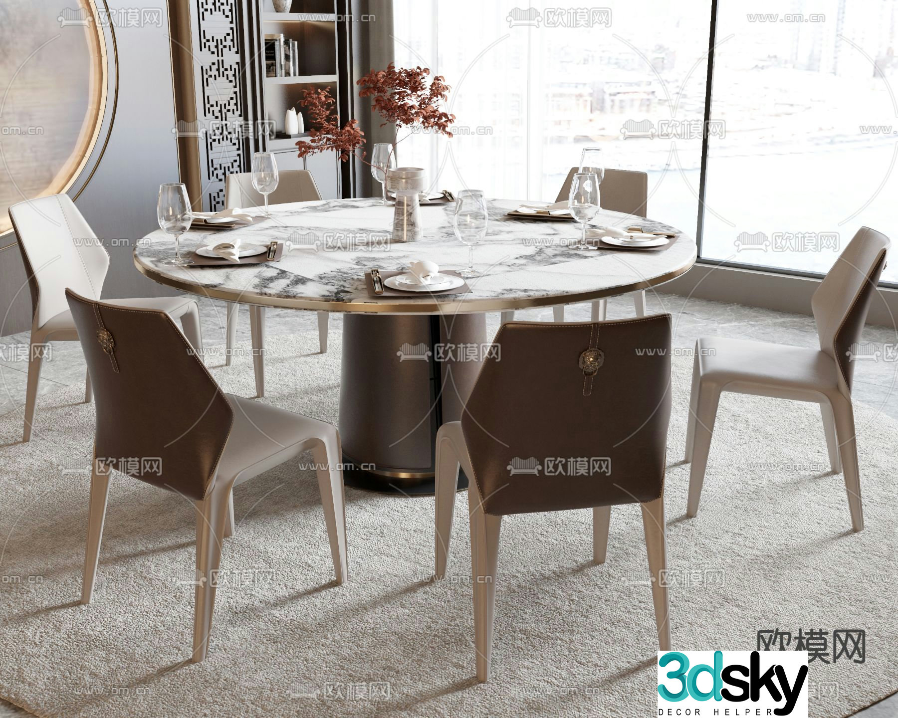 New Chinese style dining table and chairs slate dining table 3d model