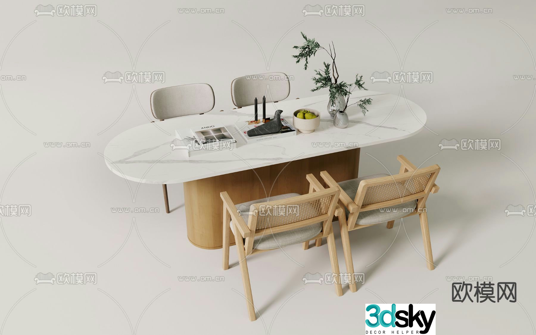 Long dining table and chair 3d model
