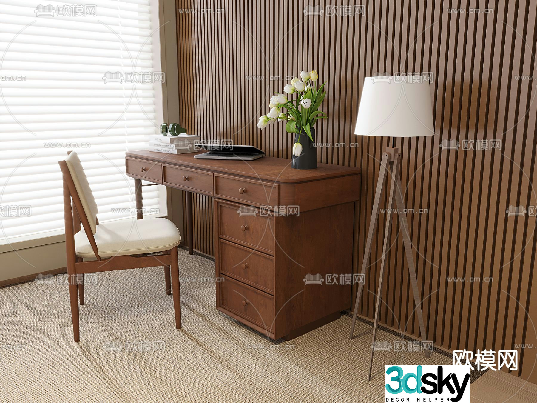 Middle style desk computer desk learning desk 3D model