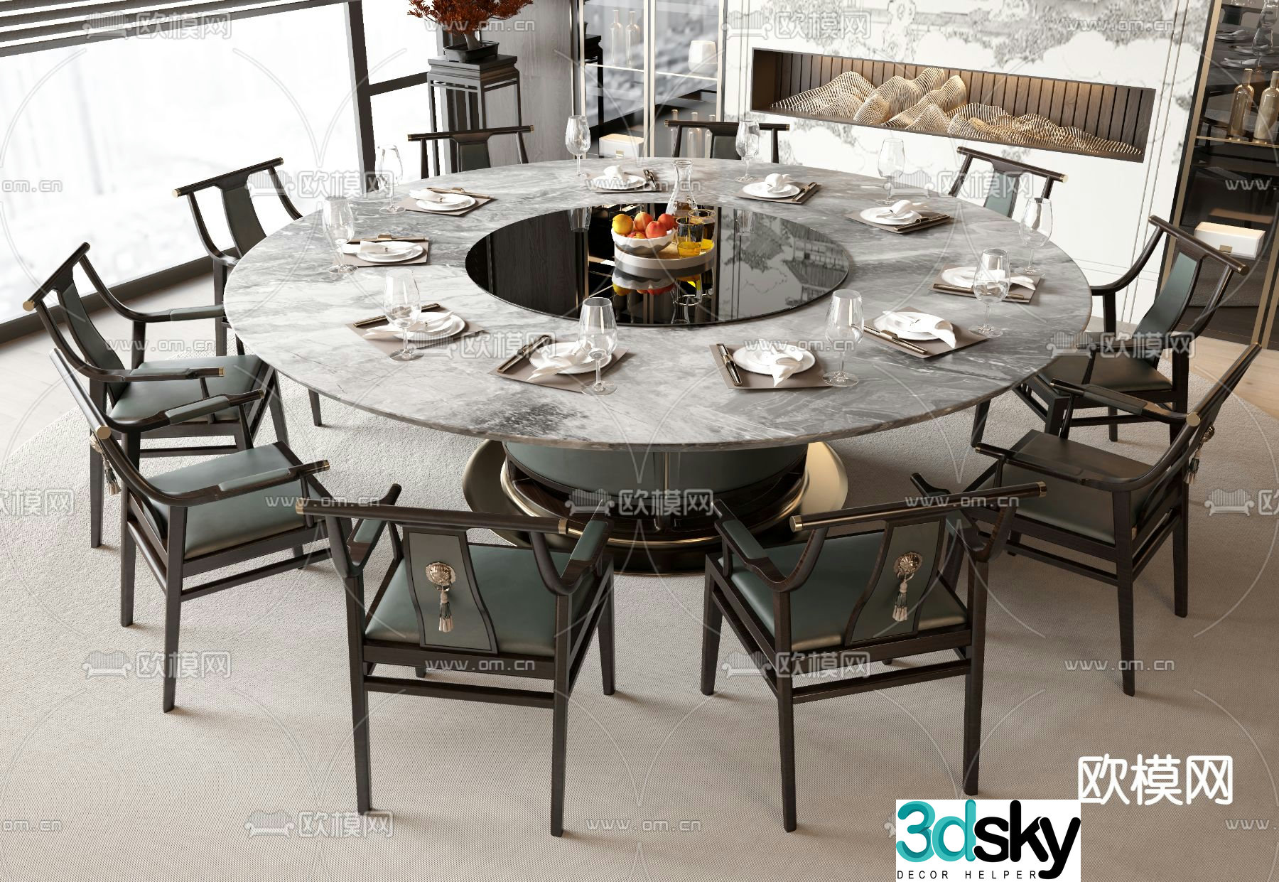 New Chinese style dining table and chairs round dining table 3d model
