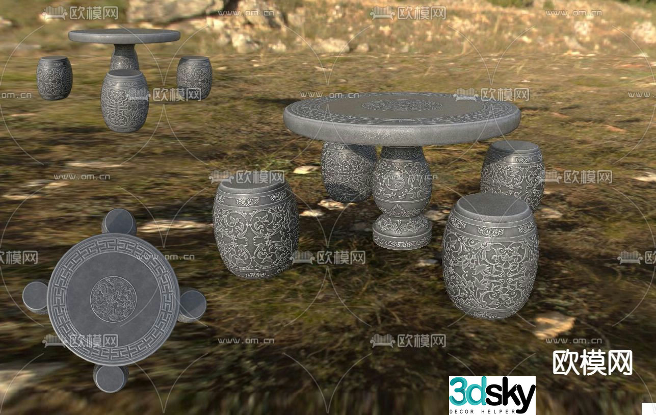 Chinese style stone table and stool round stone table 3d model