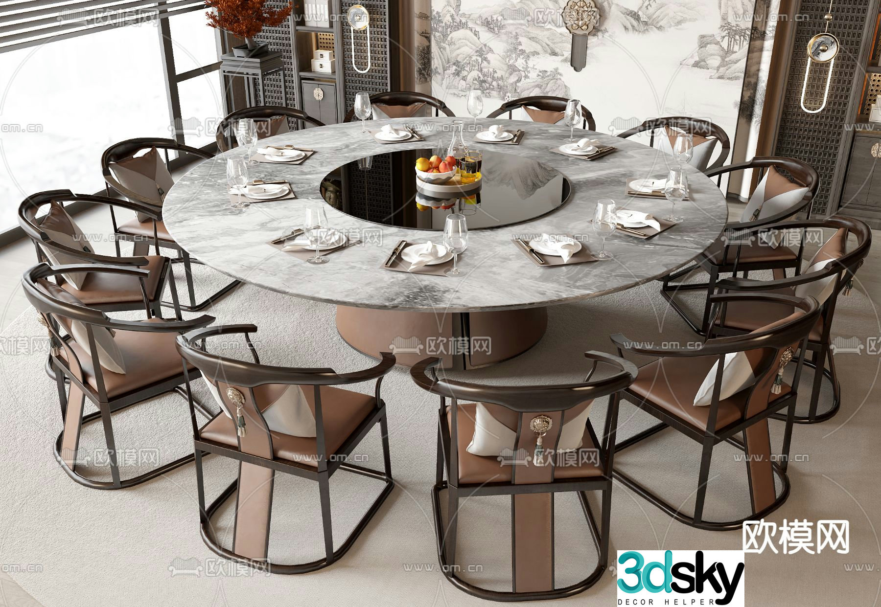 New Chinese style dining table and chairs round dining table 3d model