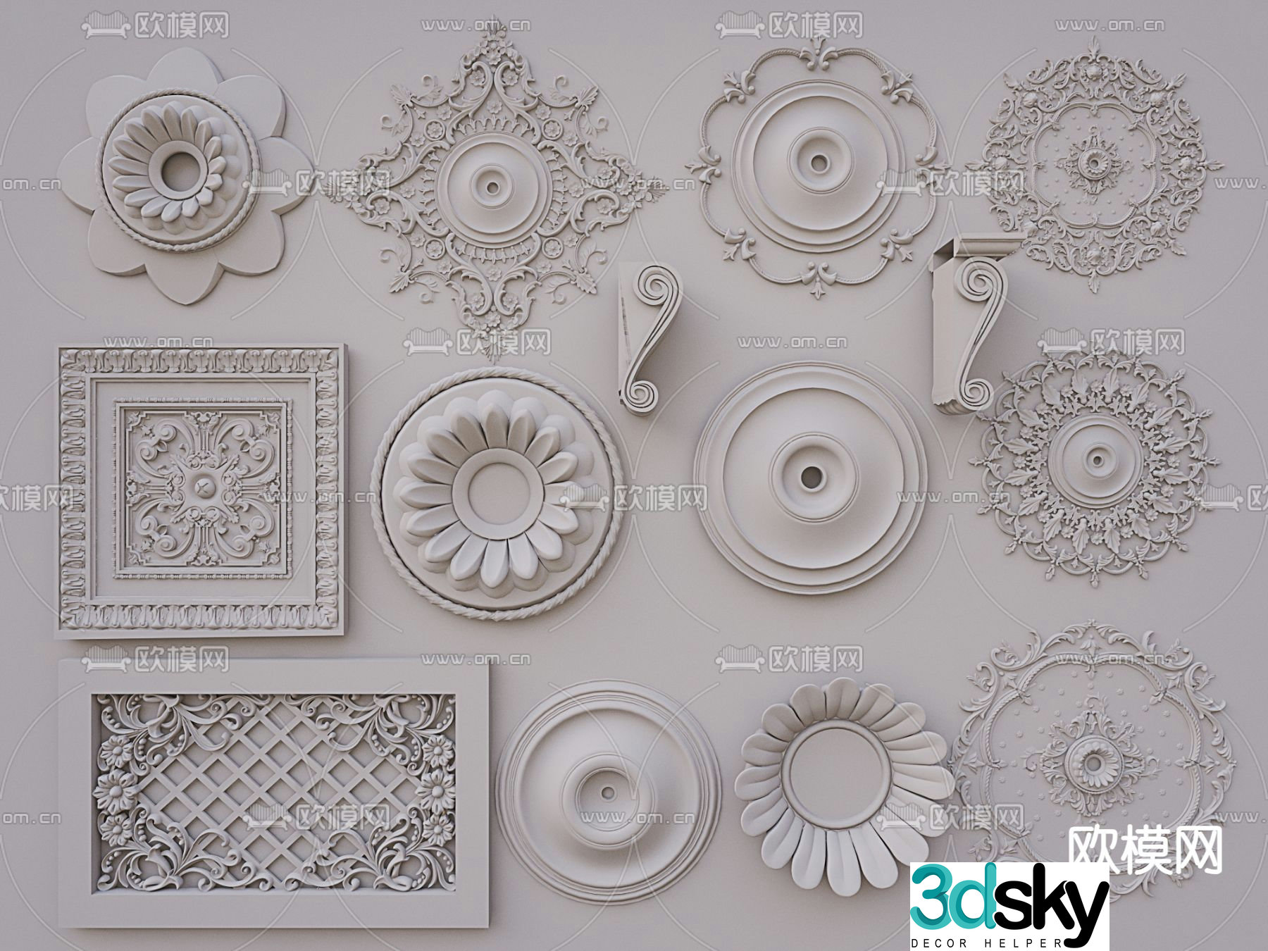 French carved components gypsum lamp plate 3D model