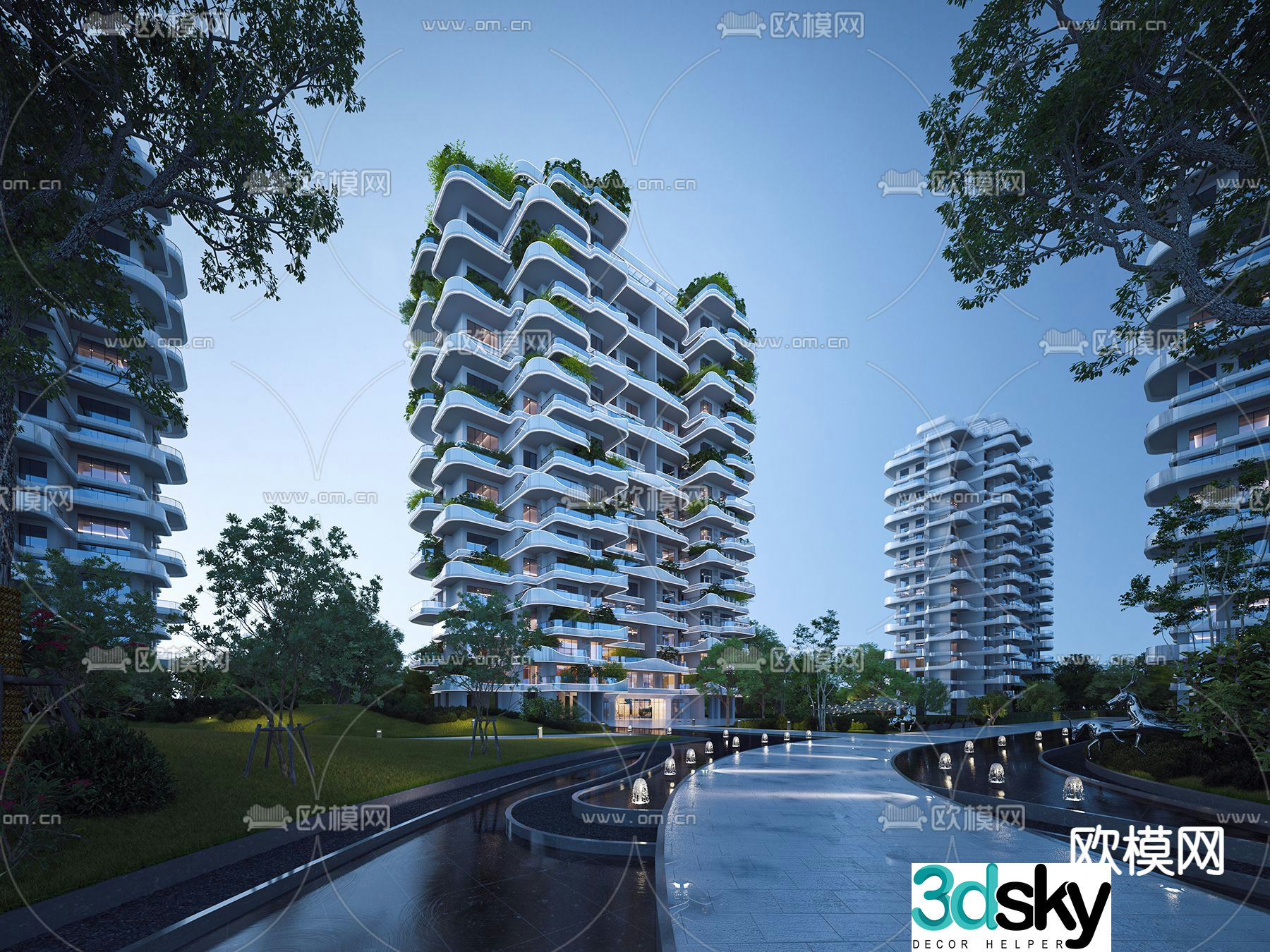 High-rise residential building residential night view 3d model