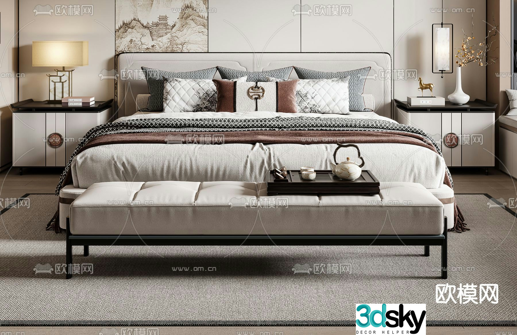 New Chinese style double bed 3d model