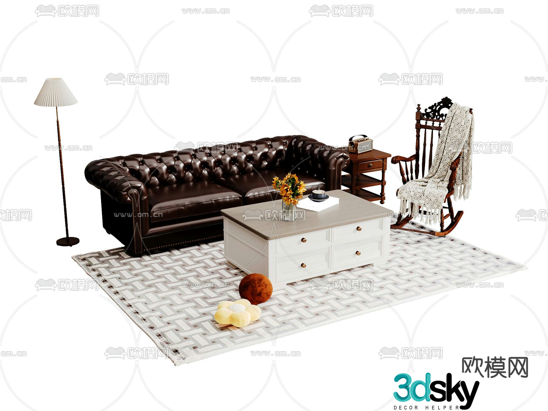 American modular sofa pull button sofa 3d model