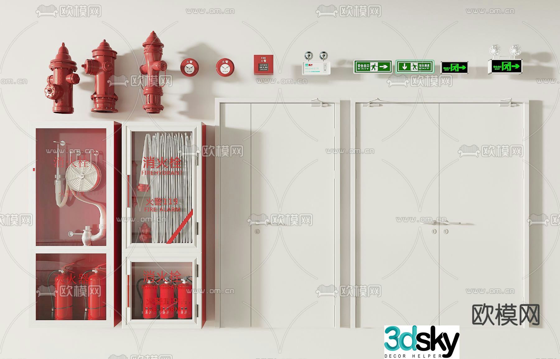 Fire door, fire door, fire equipment, emergency light, safety sign 3d model