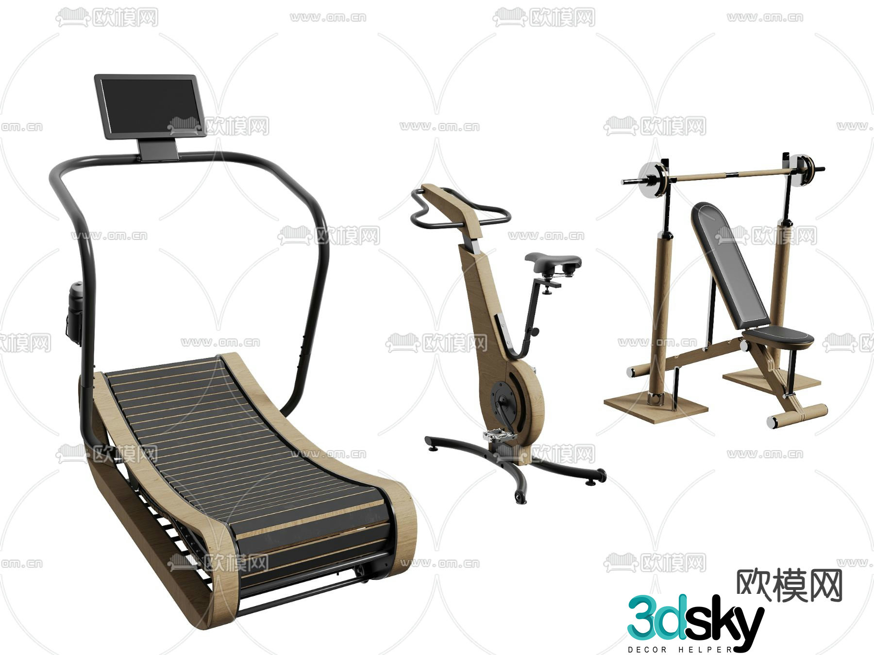 Treadmill, spinning bike, barbell 3d model