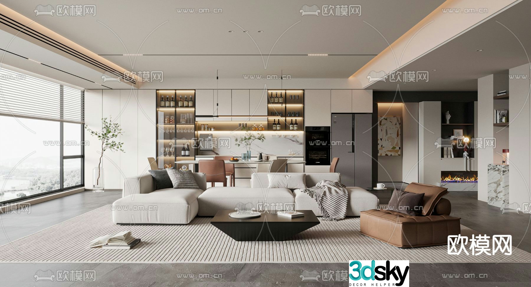 Modern living and dining room 3d model