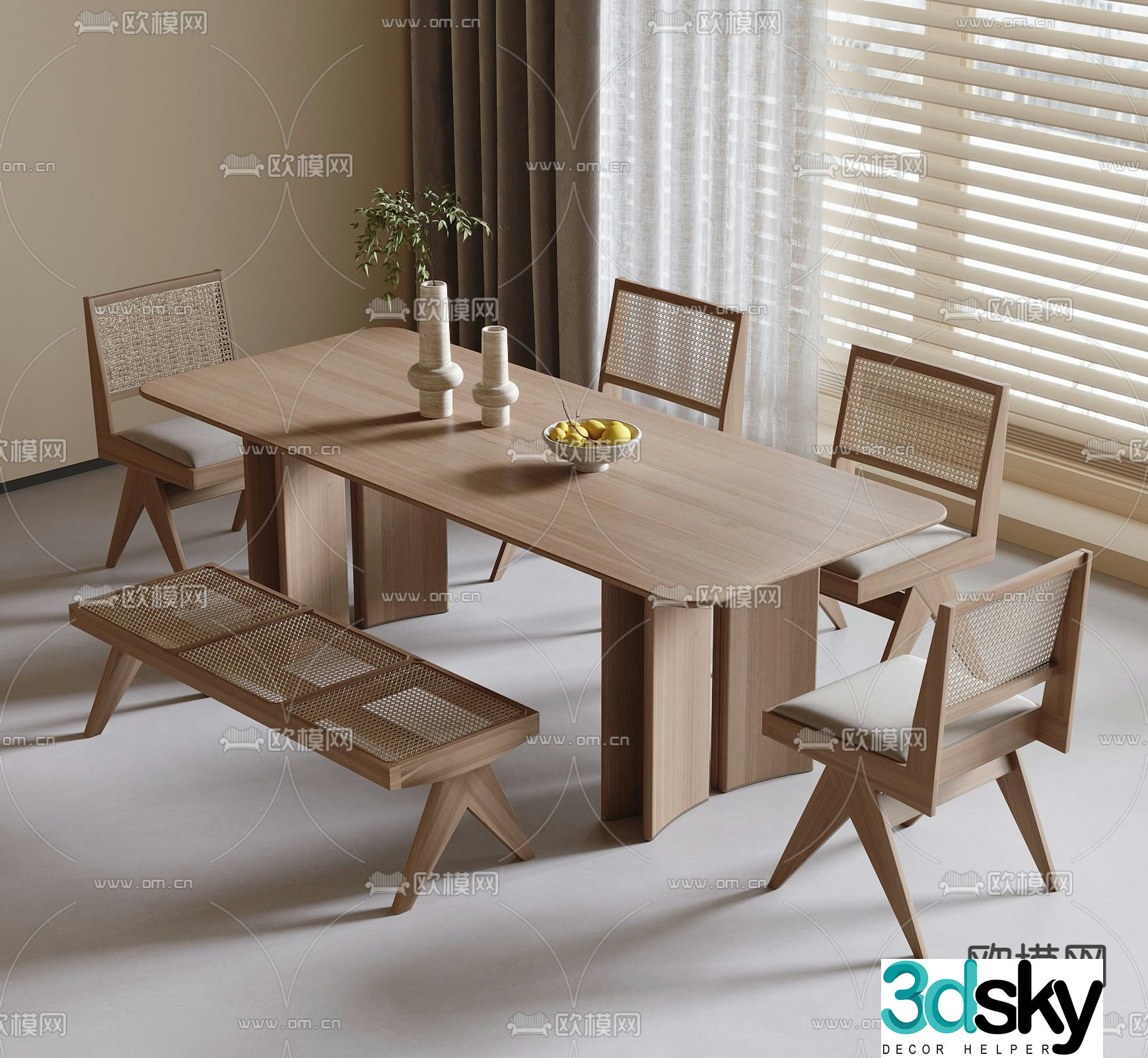 Long dining table and chairs 3d model
