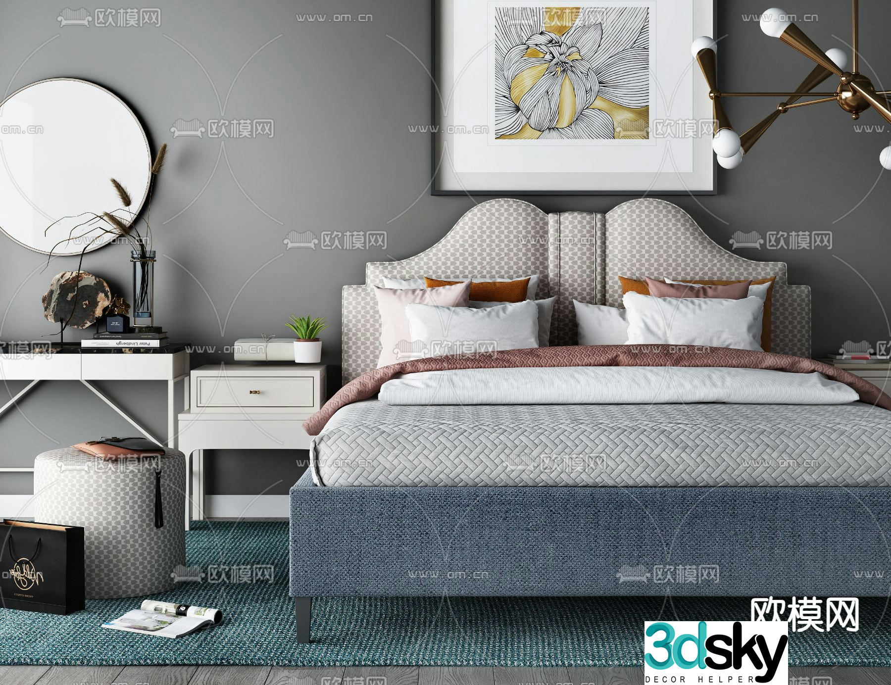 Simple European double bed 3d model