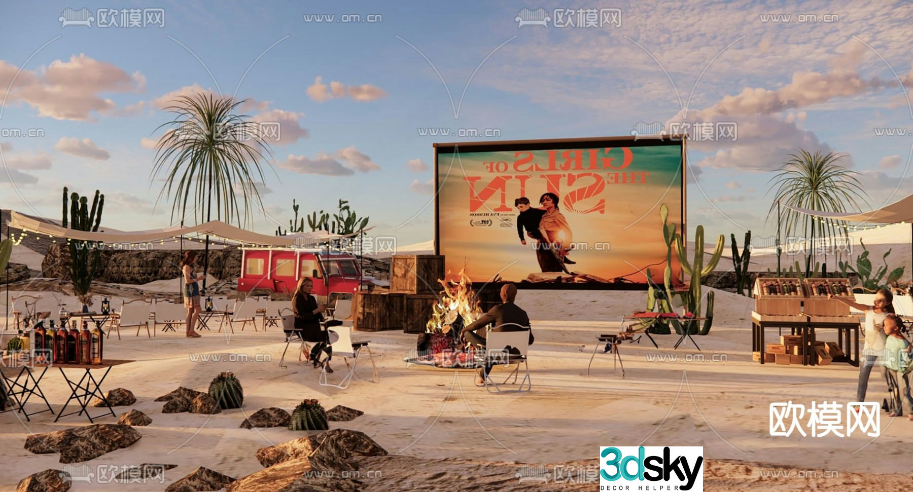 Desert camping park open-air movie campfire party 3d model