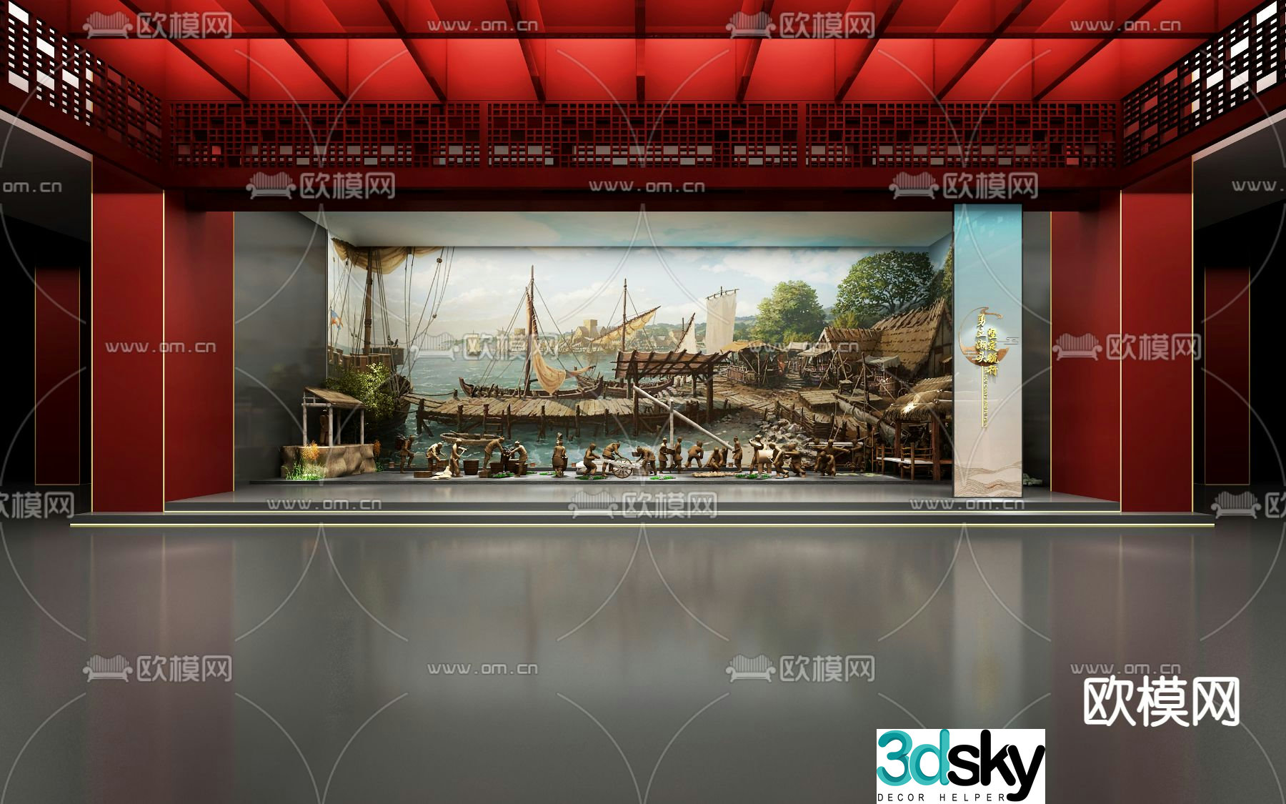 New Chinese-style exhibition hall dock scene 3D model