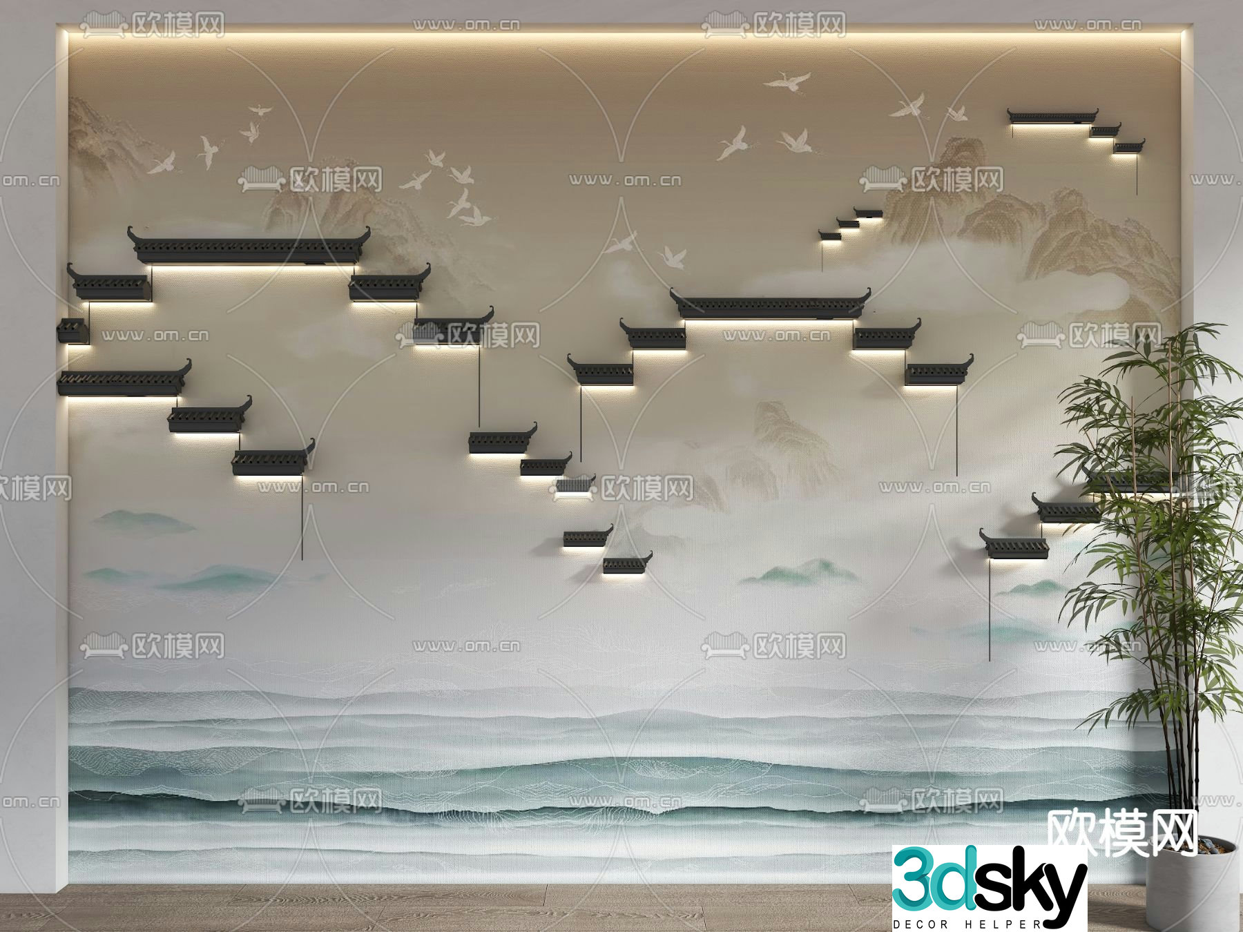 Chinese horse head wall background wall decorative wall 3d model