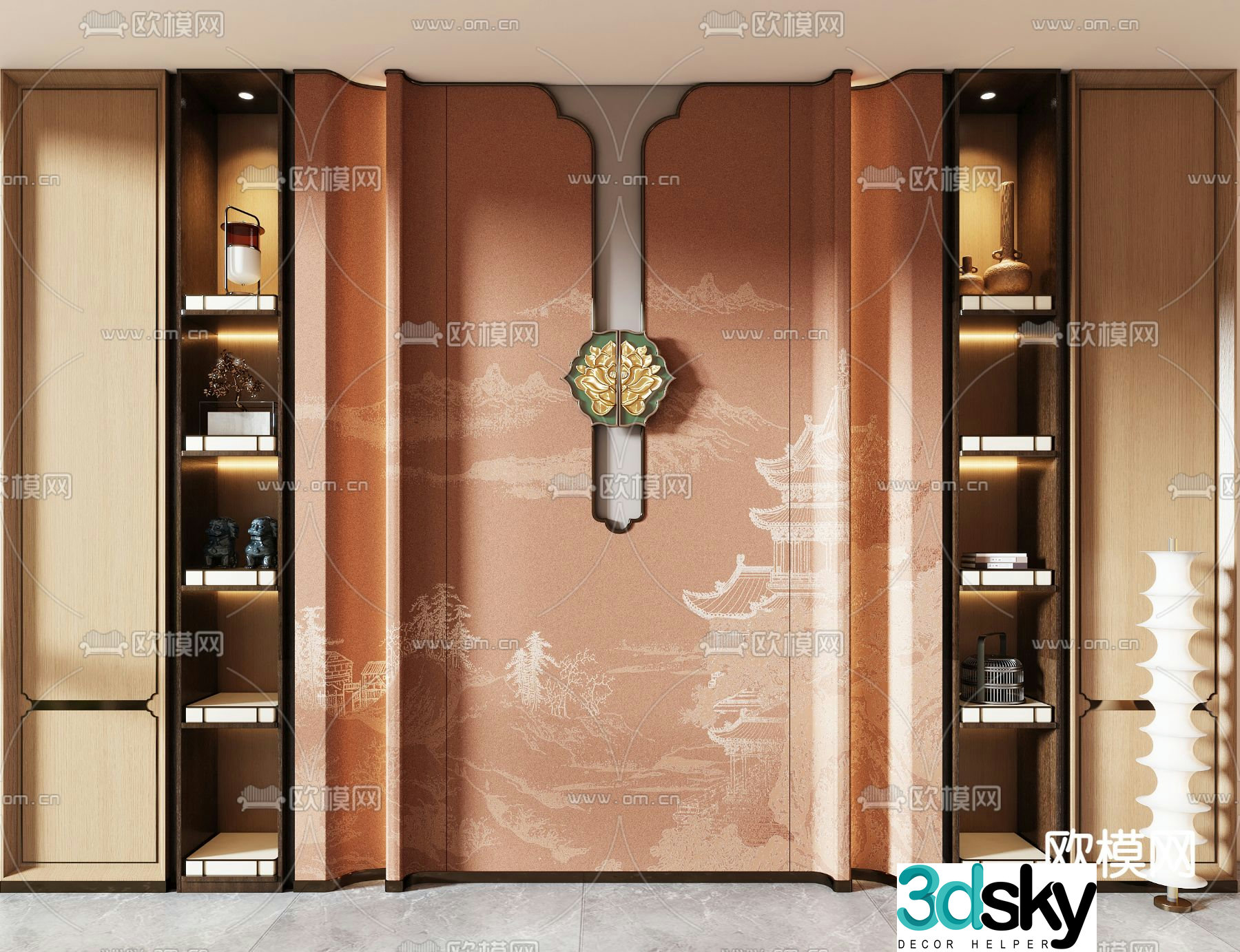 New Chinese style background wall landscape wall decorative cabinet 3d model