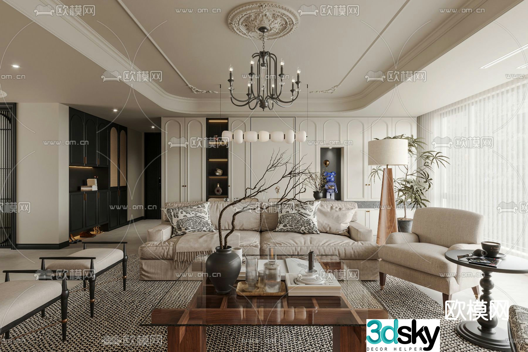 French living and dining room 3d model