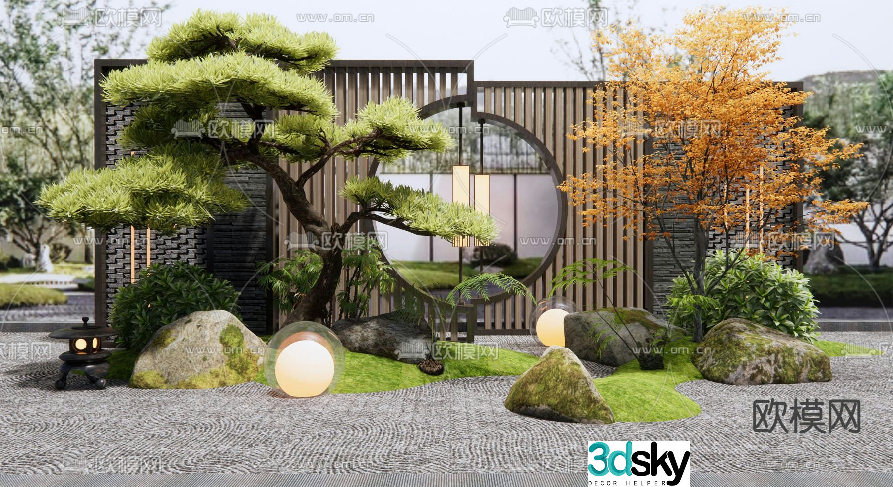 New Chinese style landscape wall courtyard sketch 3D model
