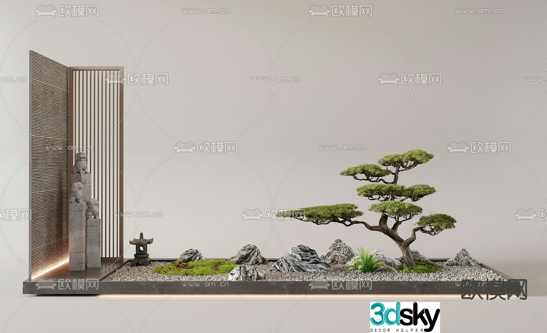 Indoor landscape pine tree landscaping stone lion sculpture 3d model