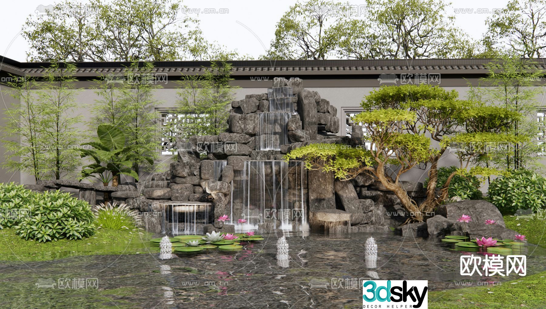 New Chinese style rockery waterscape stacked rocks and falling water 3D model