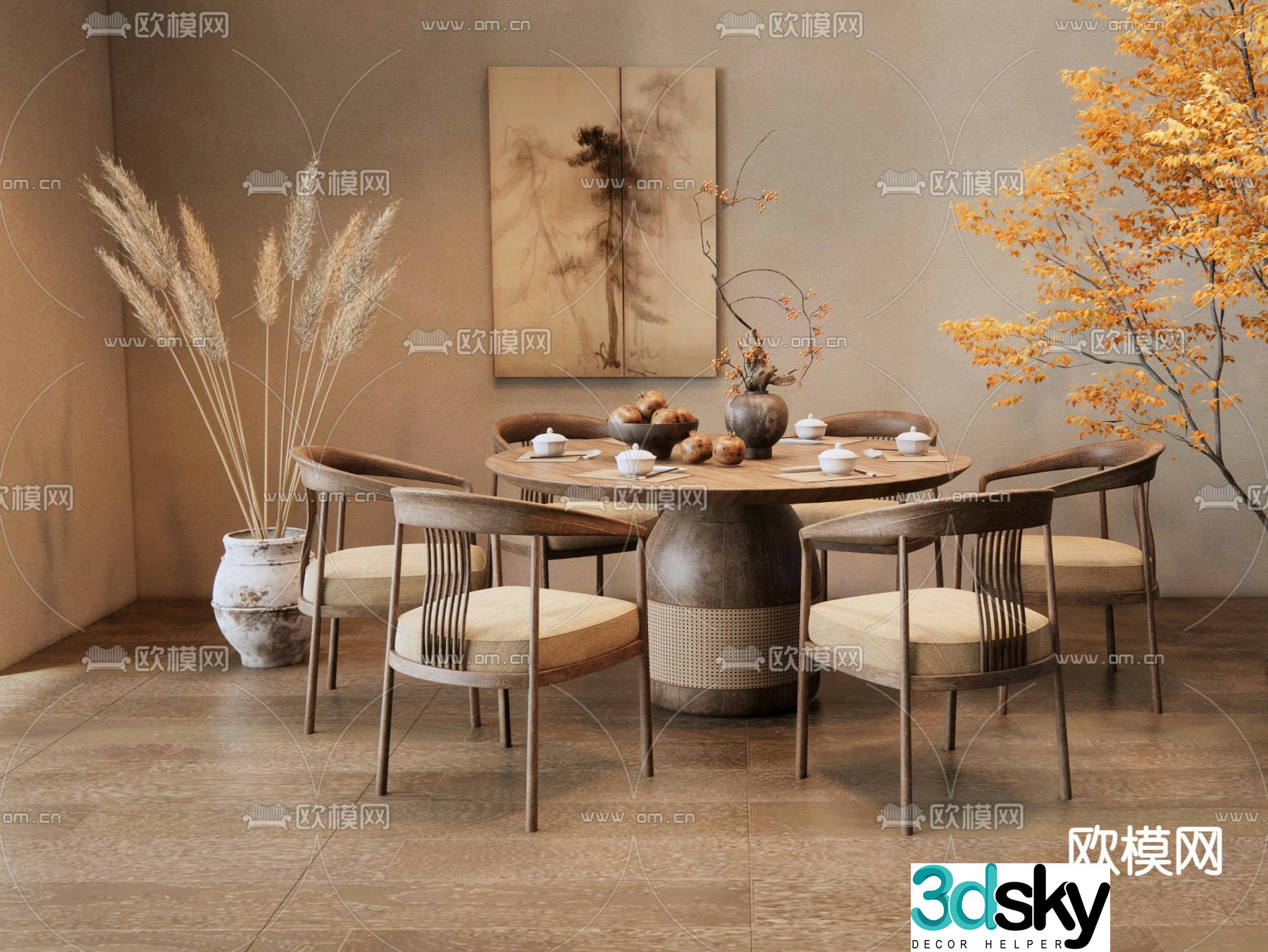 New Chinese dining table and chairs 3d model