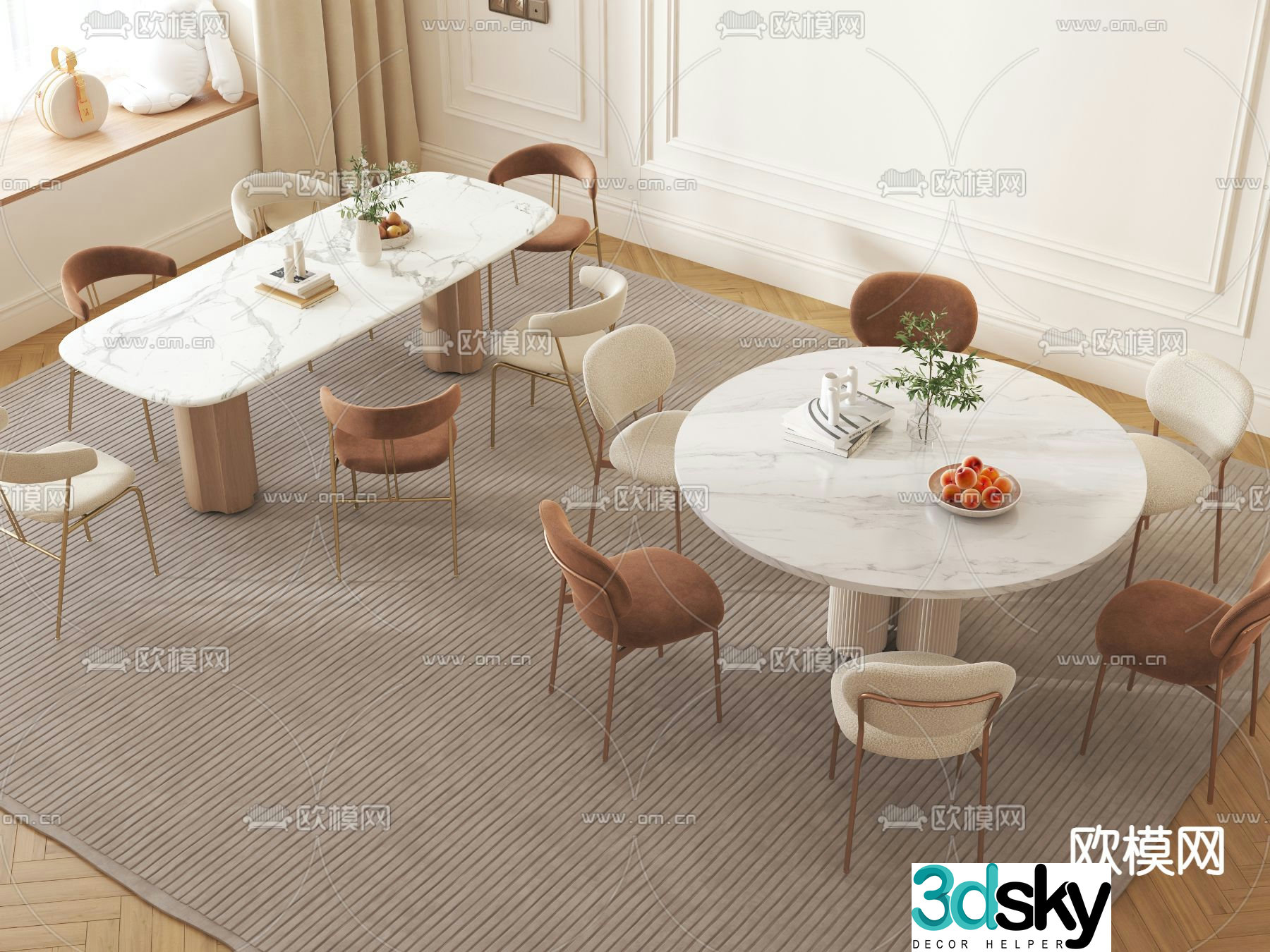 Cream style dining table round dining table 3d model