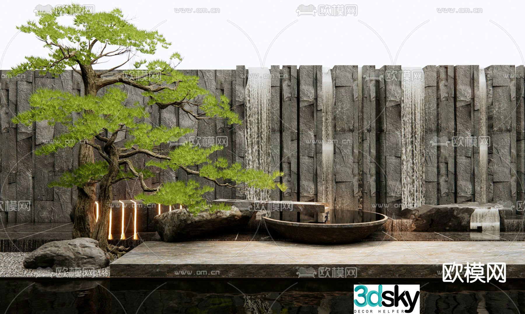 New Chinese style water feature wall water bowl rough stone falling water feature wall 3D model
