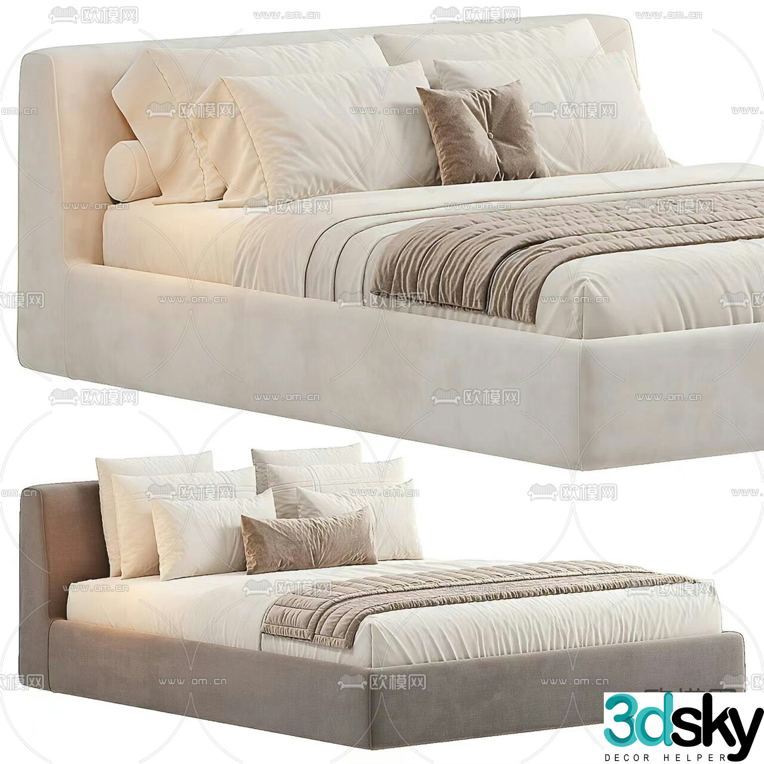 Cream style double bed 3d model