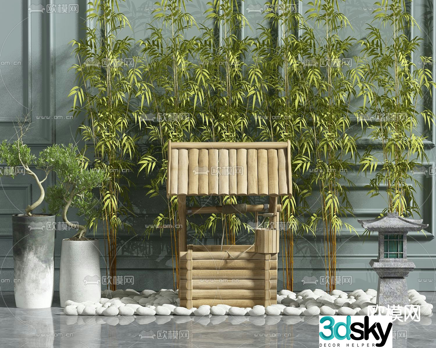 Green bamboo sketch pebbles ancient well sketch 3d model