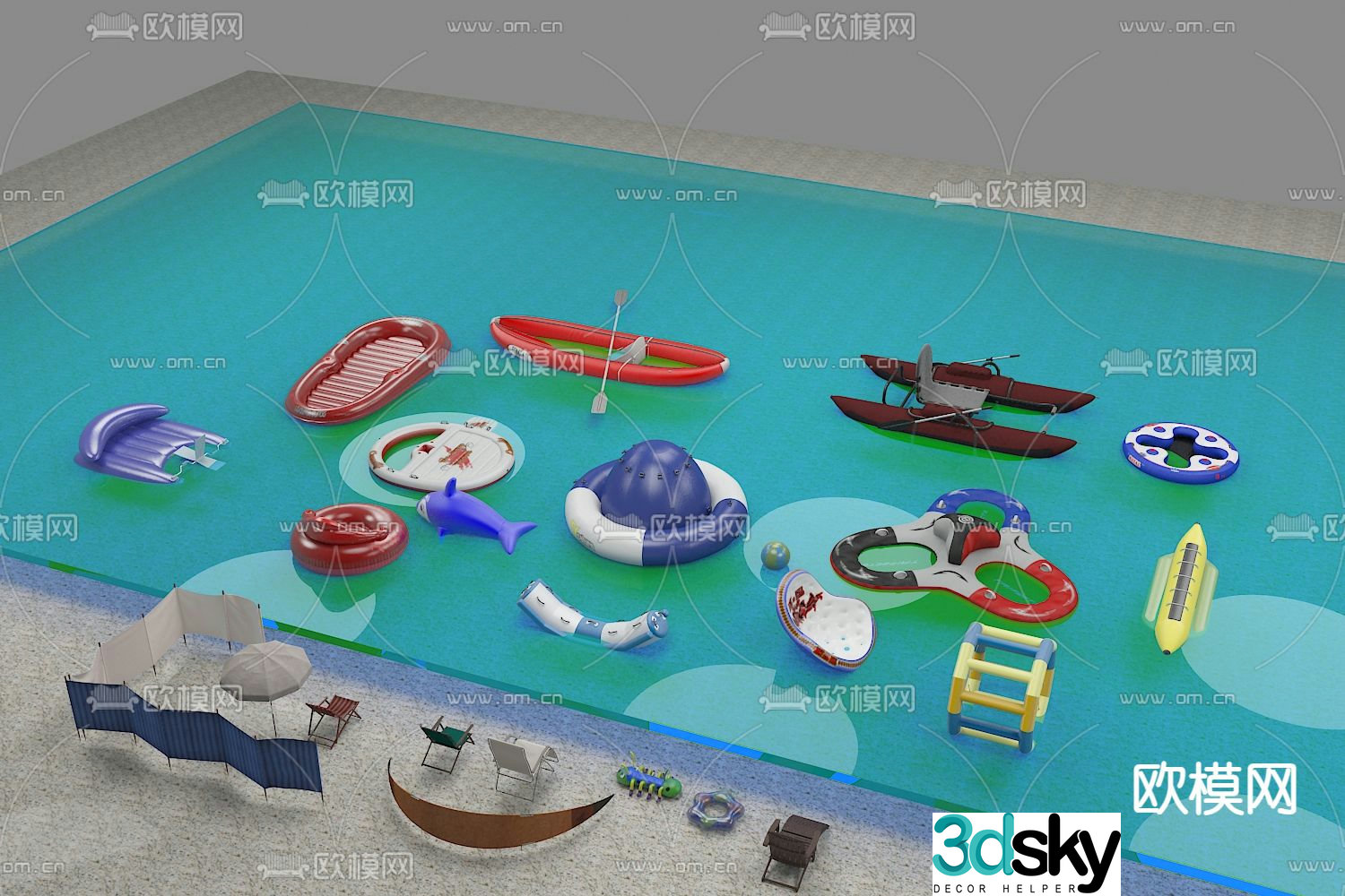 Recreational equipment boats kayak beach toys 3d model