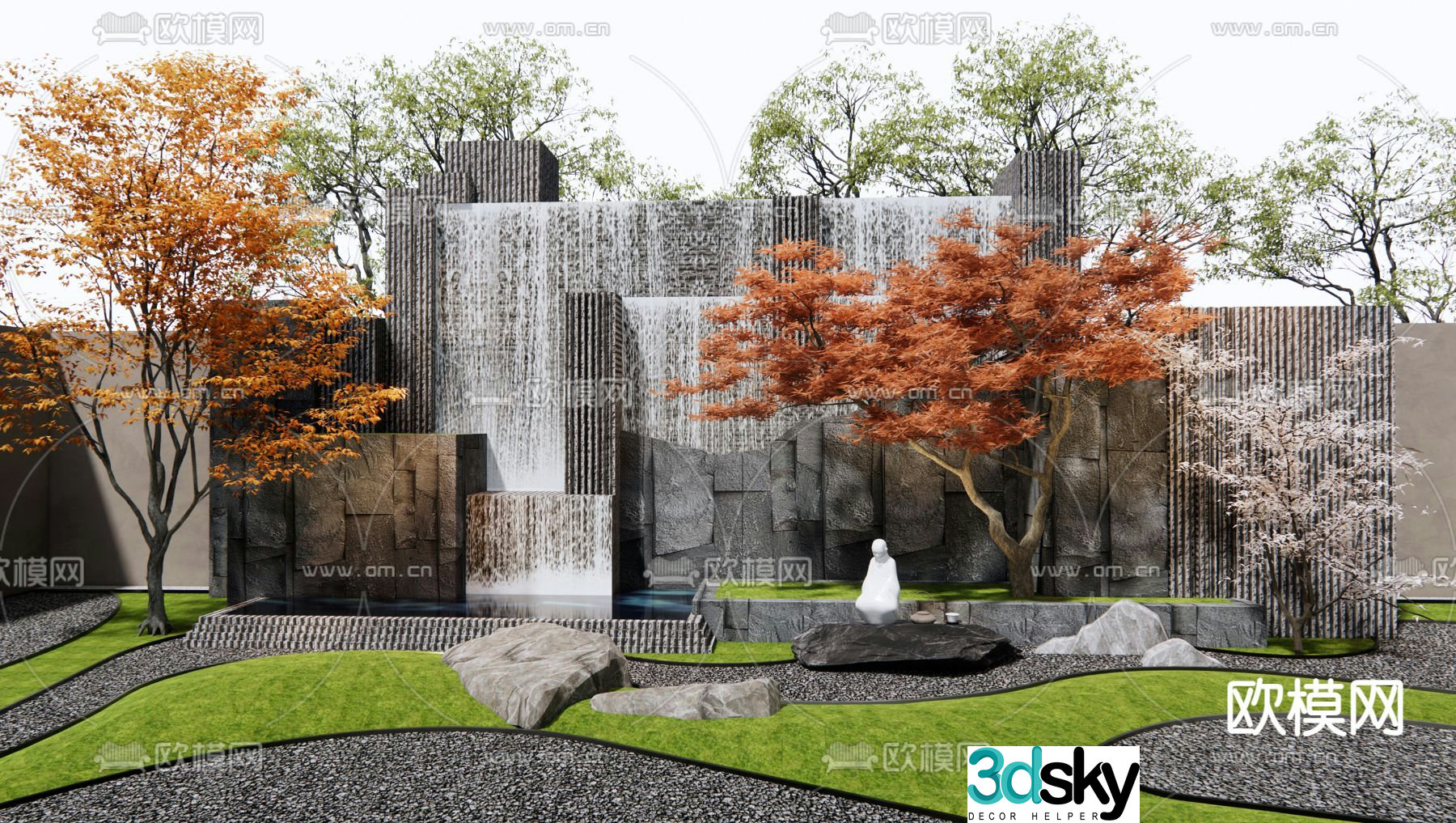 Japanese rockery waterscape falling water landscape rockery stone 3D model