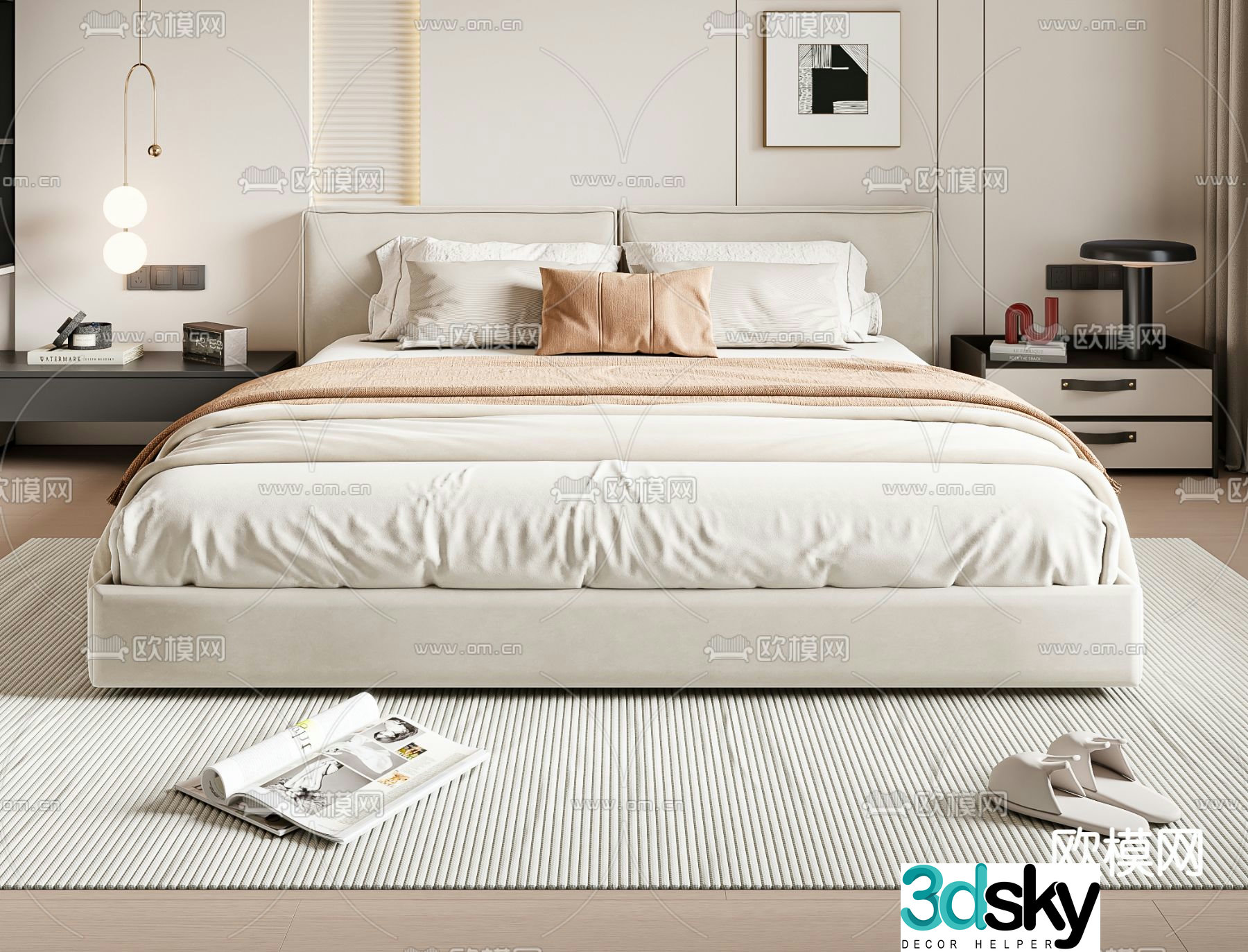 Cream style double bed 3d model