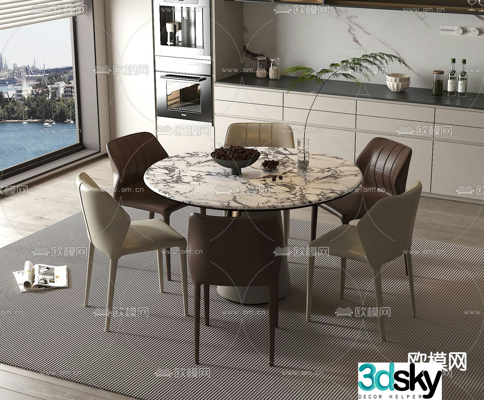 Round dining table and chairs 3d model